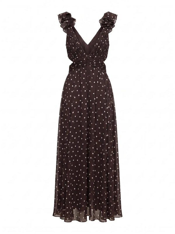 Selena Ruffle Shoulder Maxi Brown Vale Spot_mannequin
