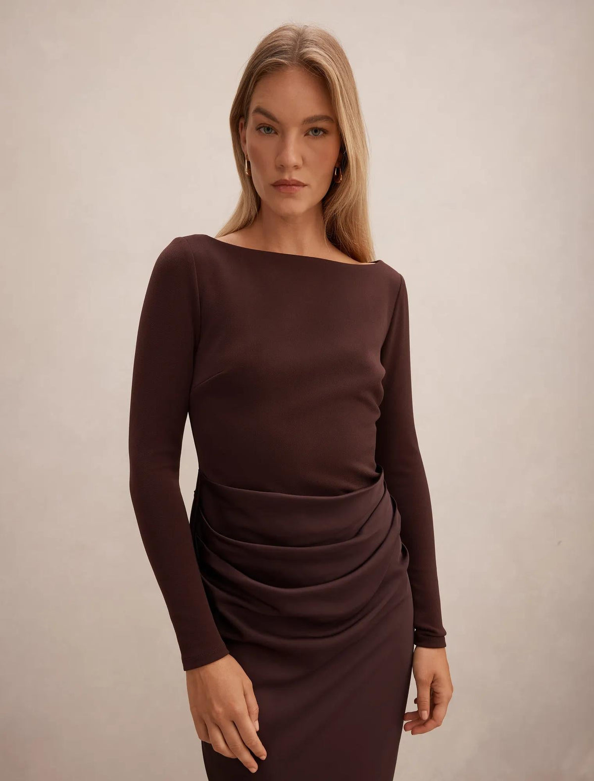 Briella Boat Neck Drape Maxi Dress Dark Chocolate