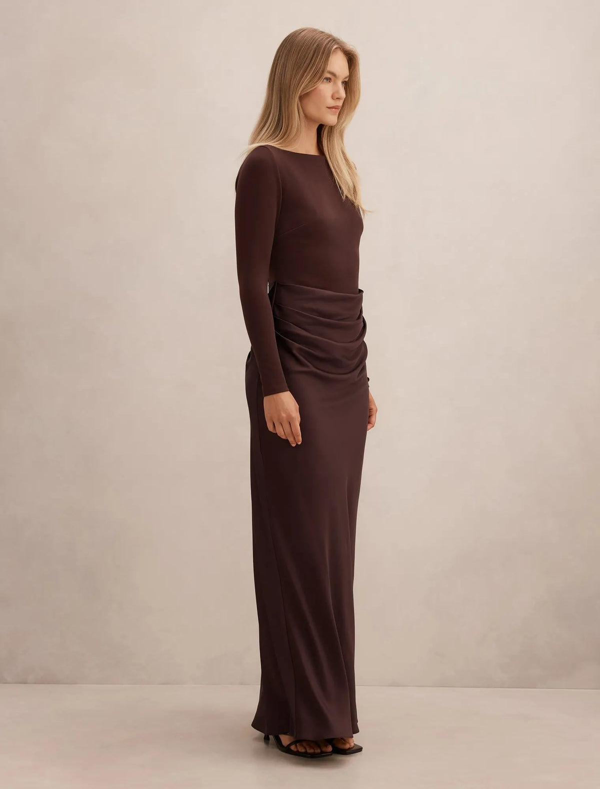 Briella Boat Neck Drape Maxi Dress Dark Chocolate