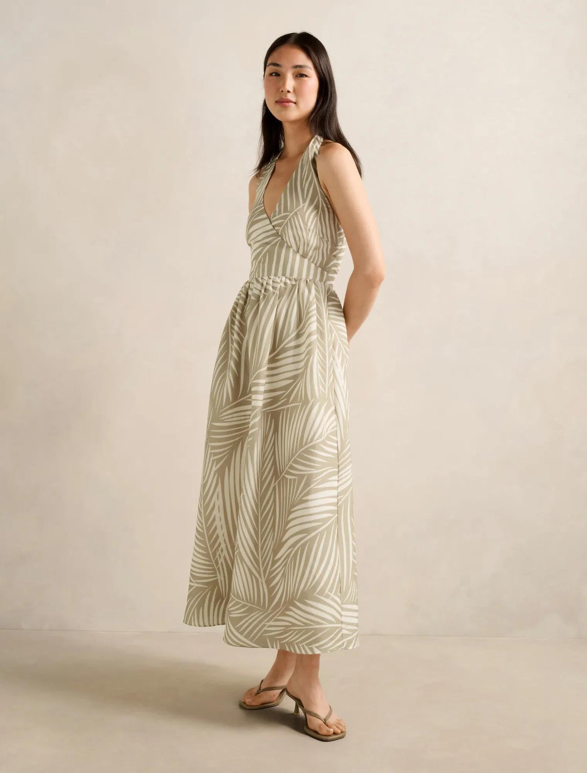 Lilian Wrap Linen Halter Midi Dress Tuxen Leaf