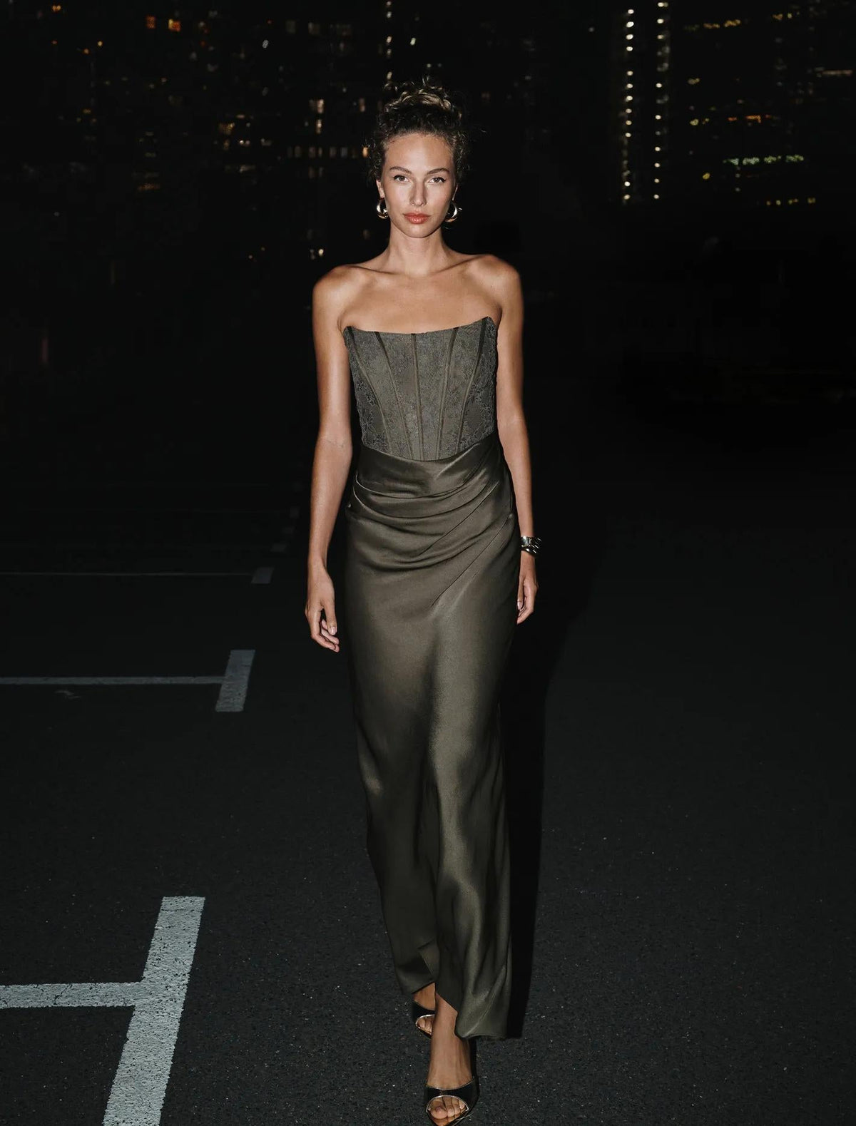 Ivy Lace Corset Drape Maxi Dress Olive Night