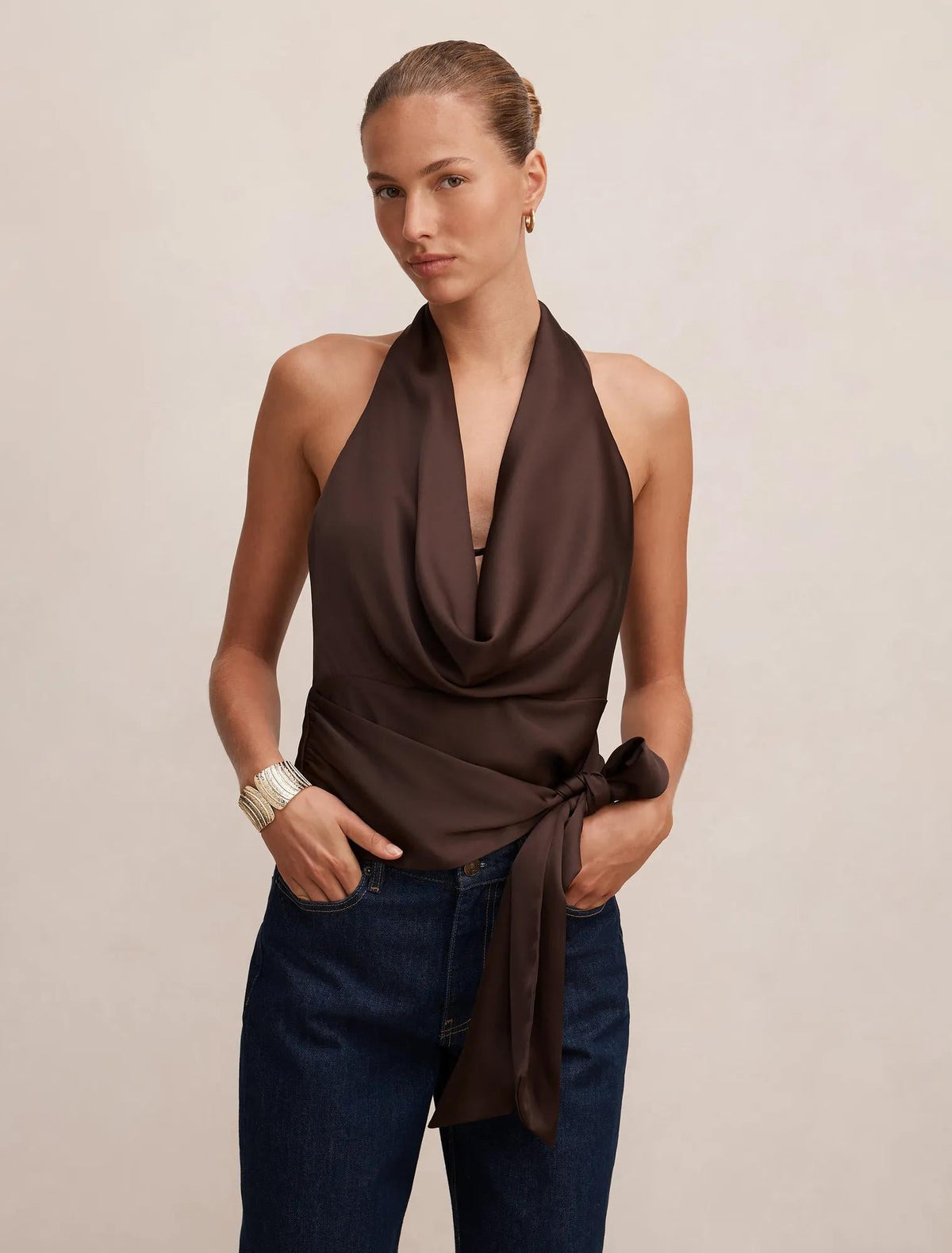 Jordyn Cowl Halter Tie Top Freckle