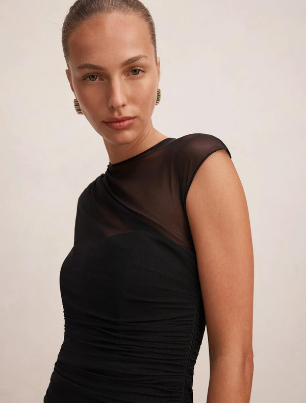 Eadie Sheer Cap Sleeve Midi Dress Black