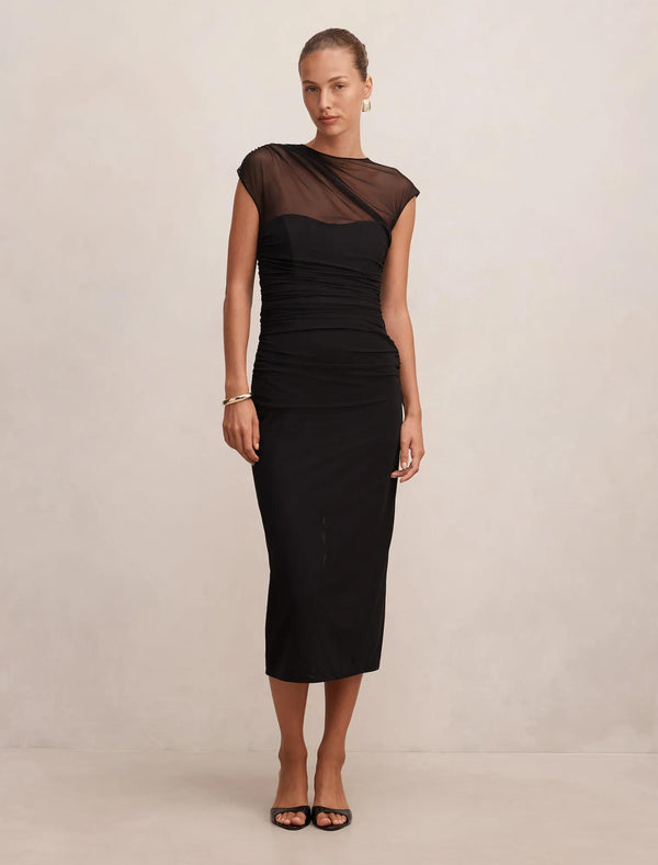Eadie Sheer Cap Sleeve Midi Dress Black