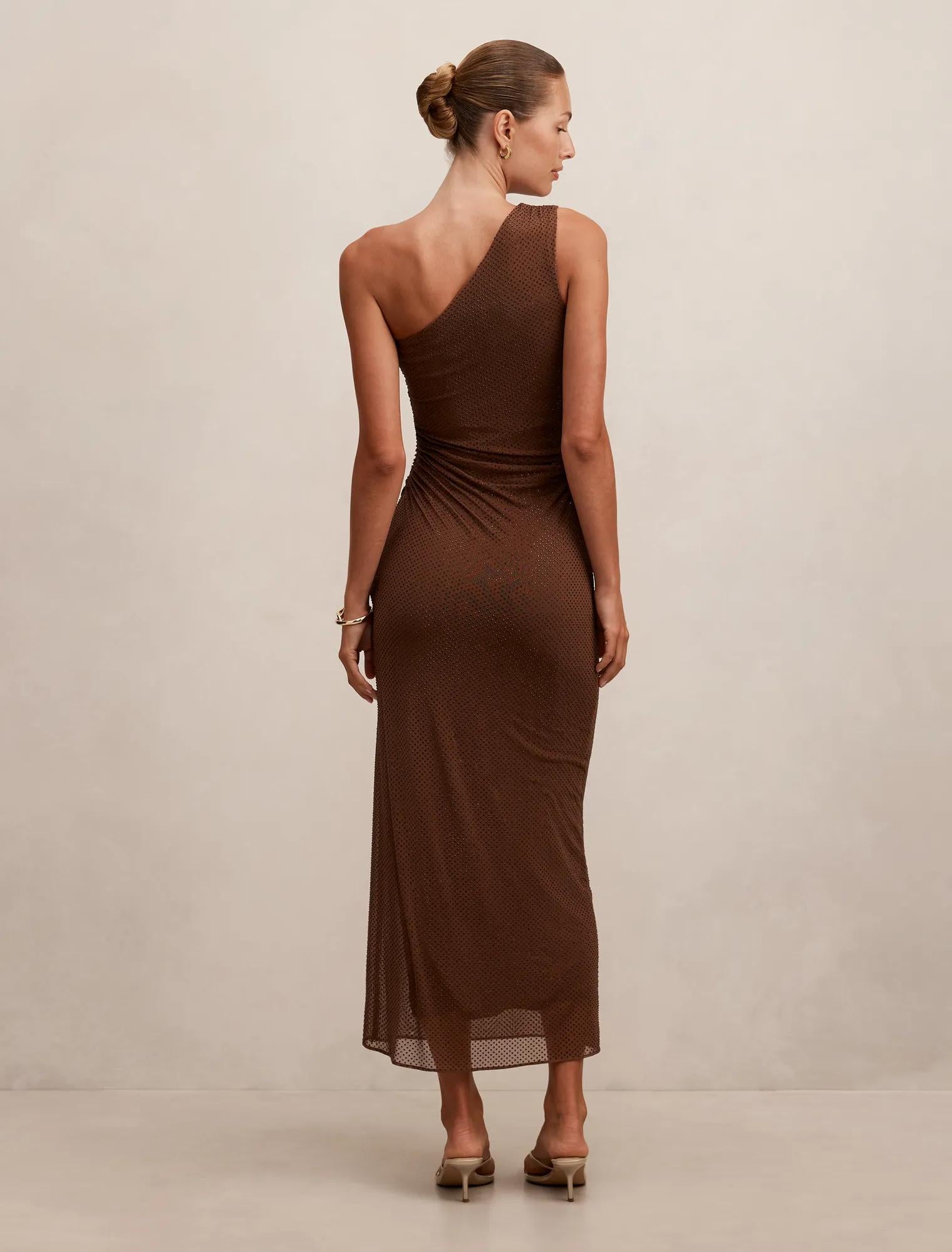 Audrina One Shoulder Heatseal Maxi Dress Chocolate