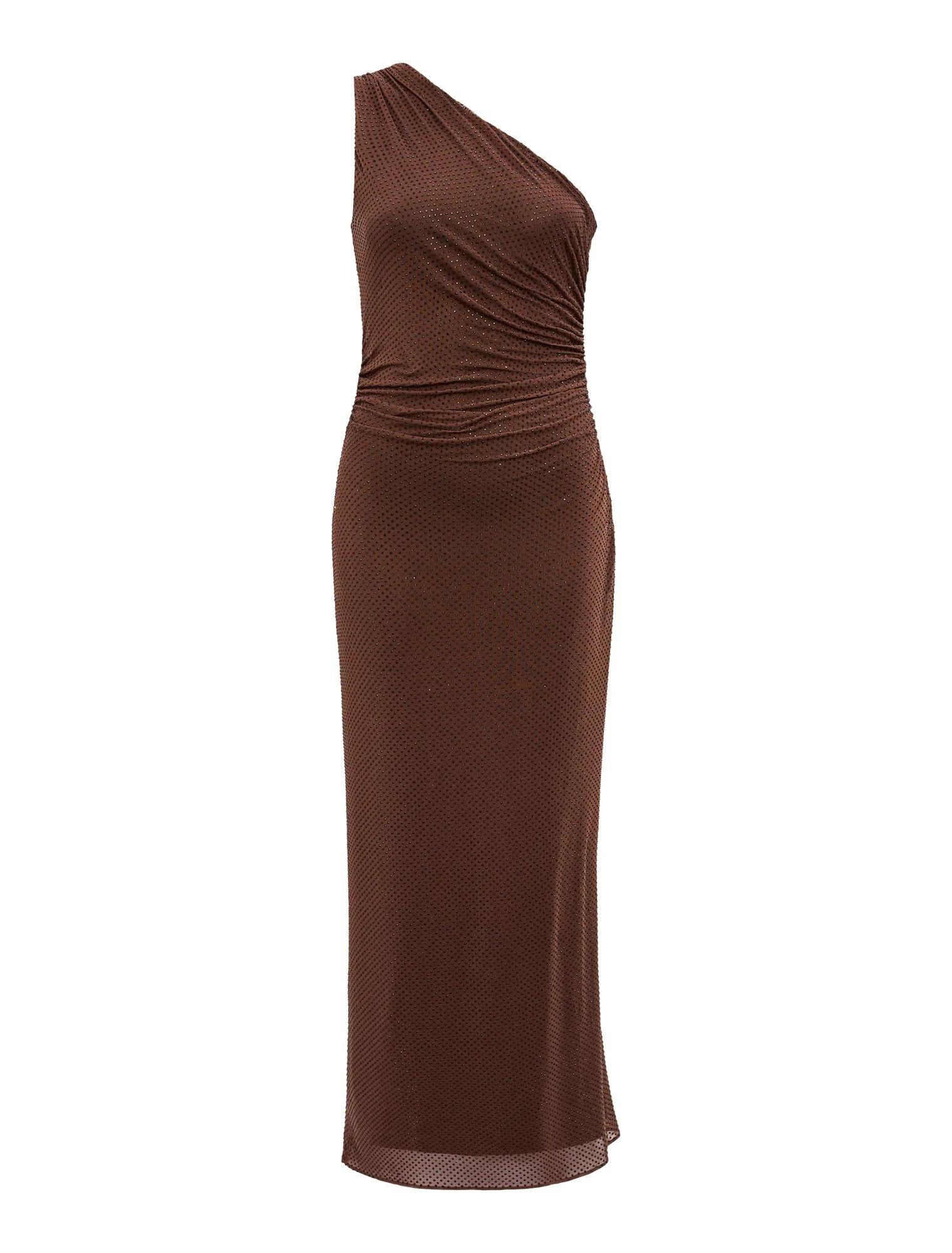Audrina One Shoulder Heatseal Maxi Dress Chocolate_mannequin