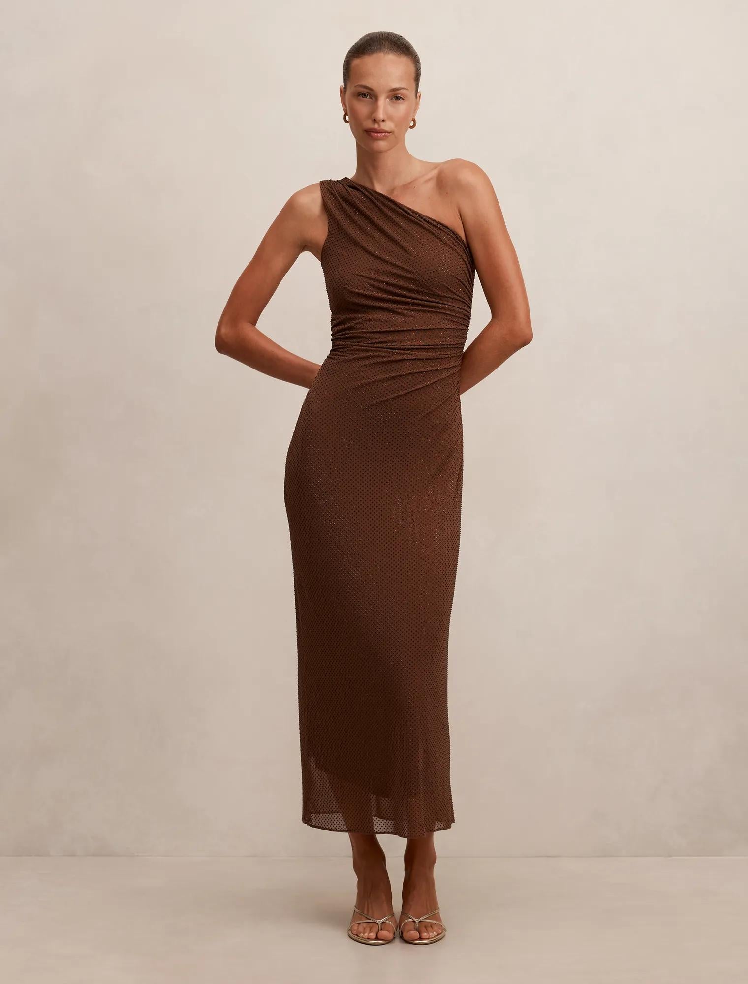 Audrina One Shoulder Heatseal Maxi Dress Chocolate