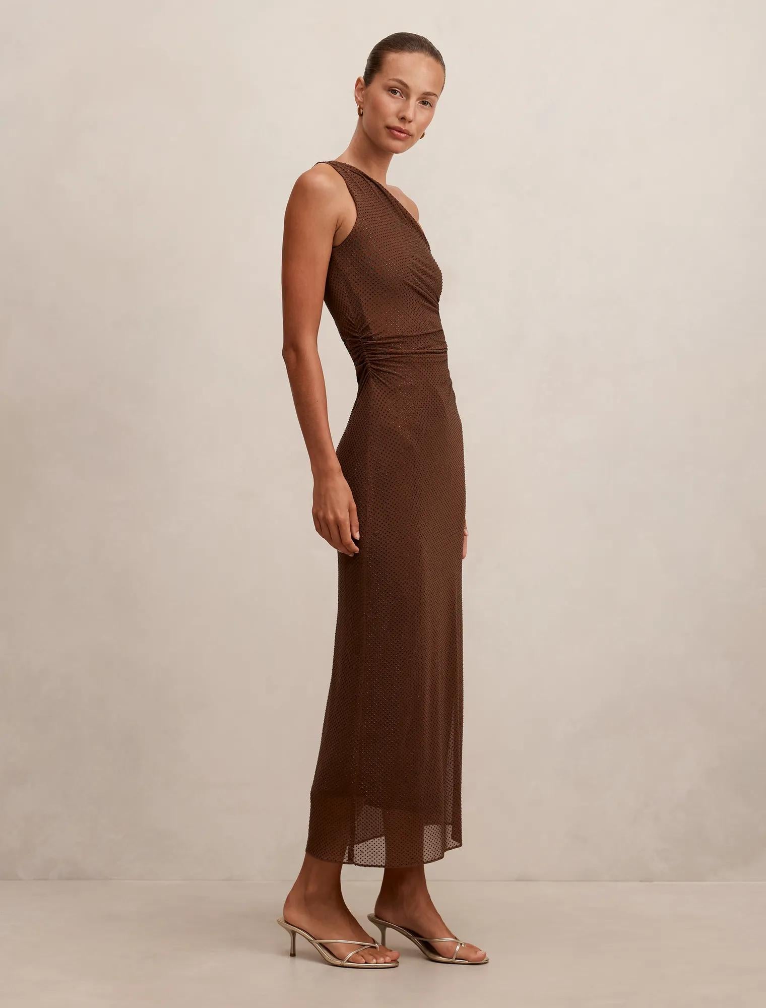 Audrina One Shoulder Heatseal Maxi Dress Chocolate