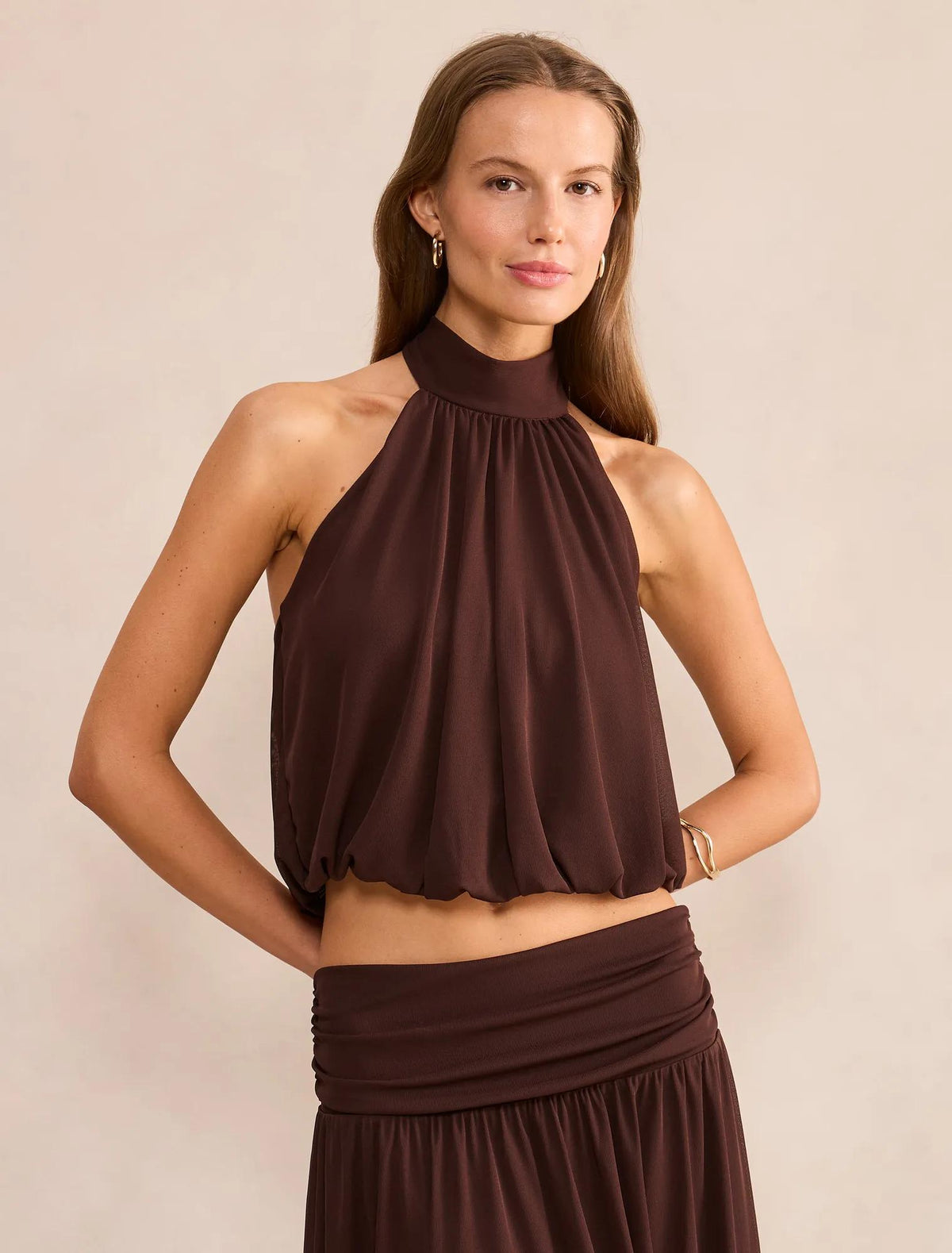 Layne Bubble Waist Halter Top Rich Chocolate co-ord