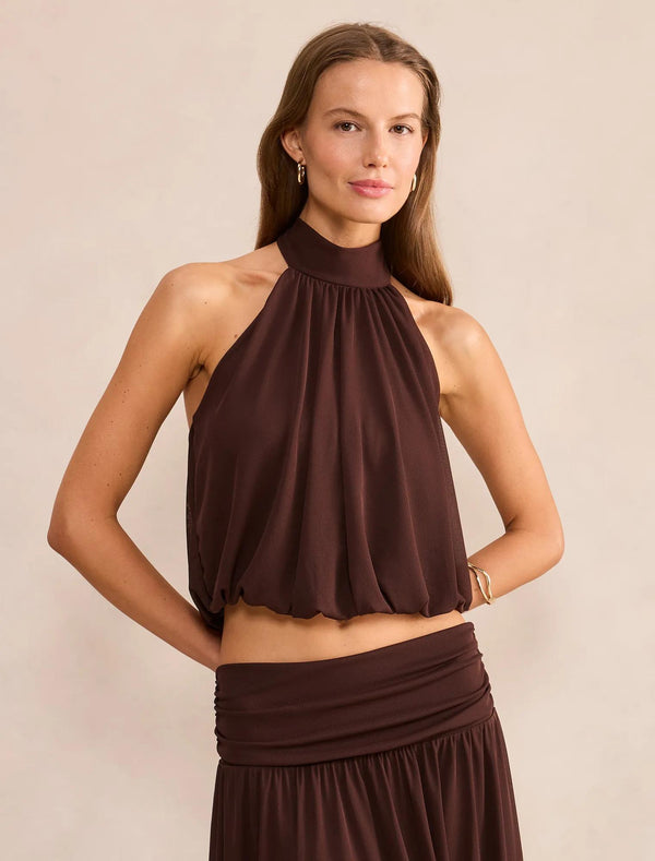 Layne Bubble Waist Halter Top Rich Chocolate co-ord