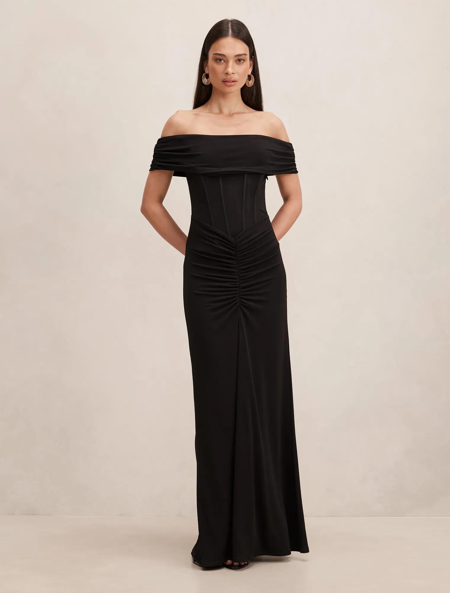Ania Ruched Bardot Maxi Dress Black