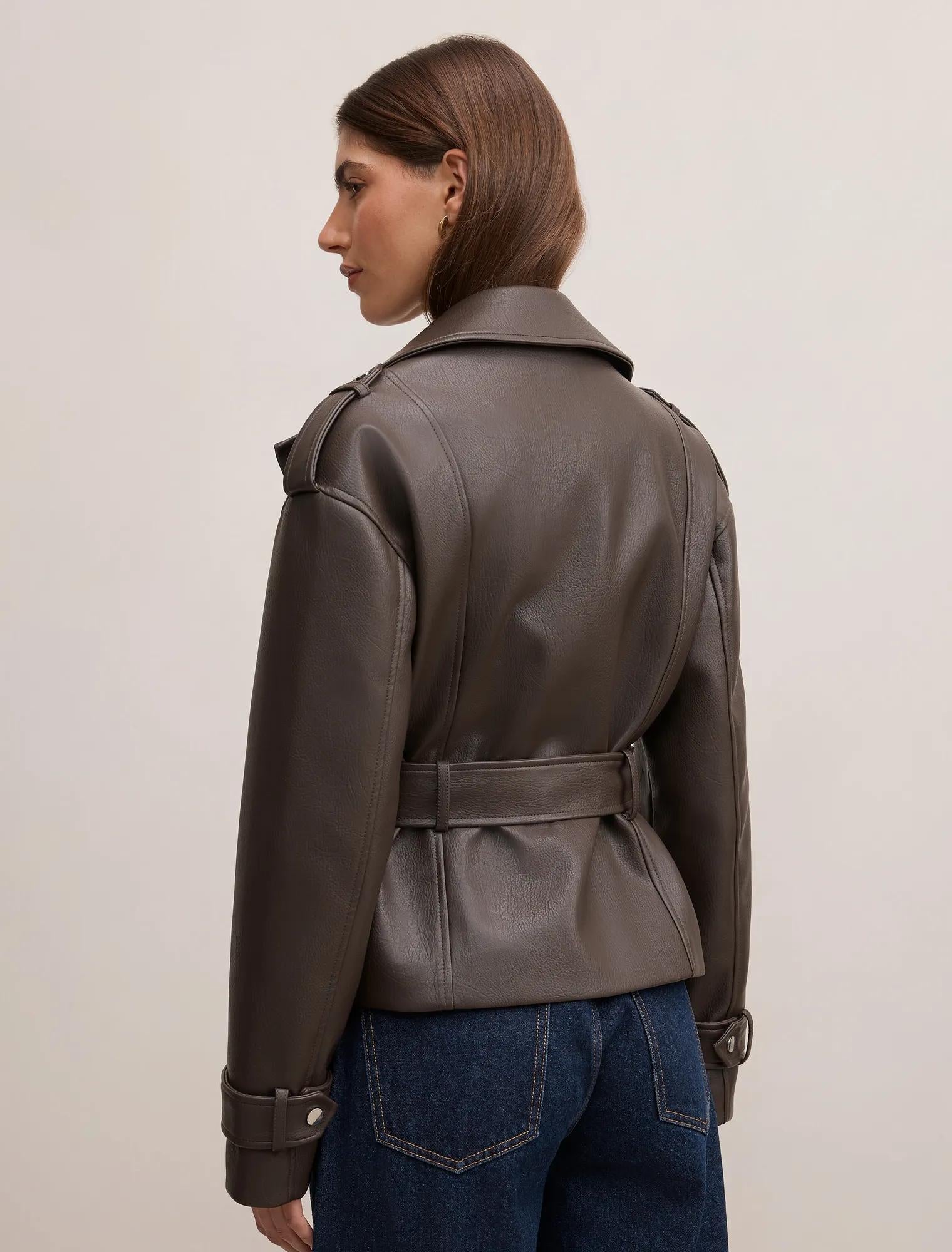 Brooklyn PU Belted Biker Jacket Chocolate