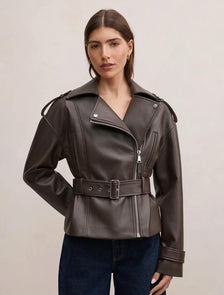 Brooklyn PU Belted Biker Jacket Chocolate
