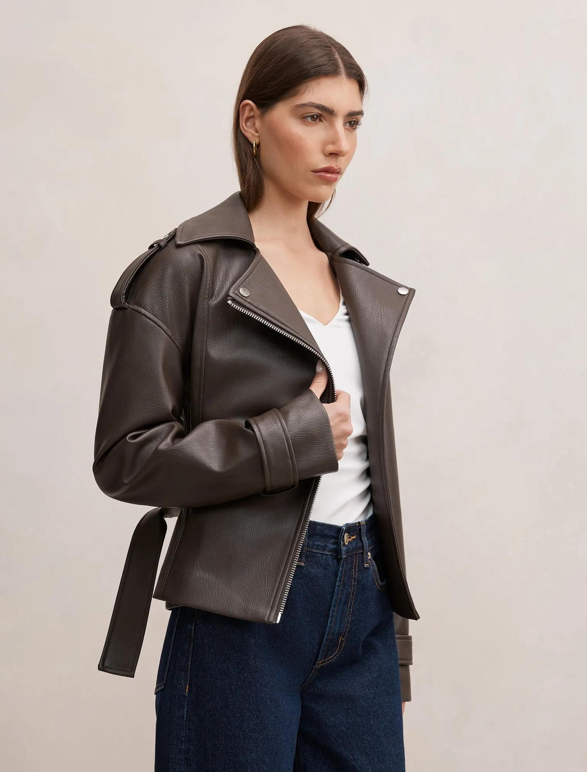 Brooklyn PU Belted Biker Jacket Chocolate