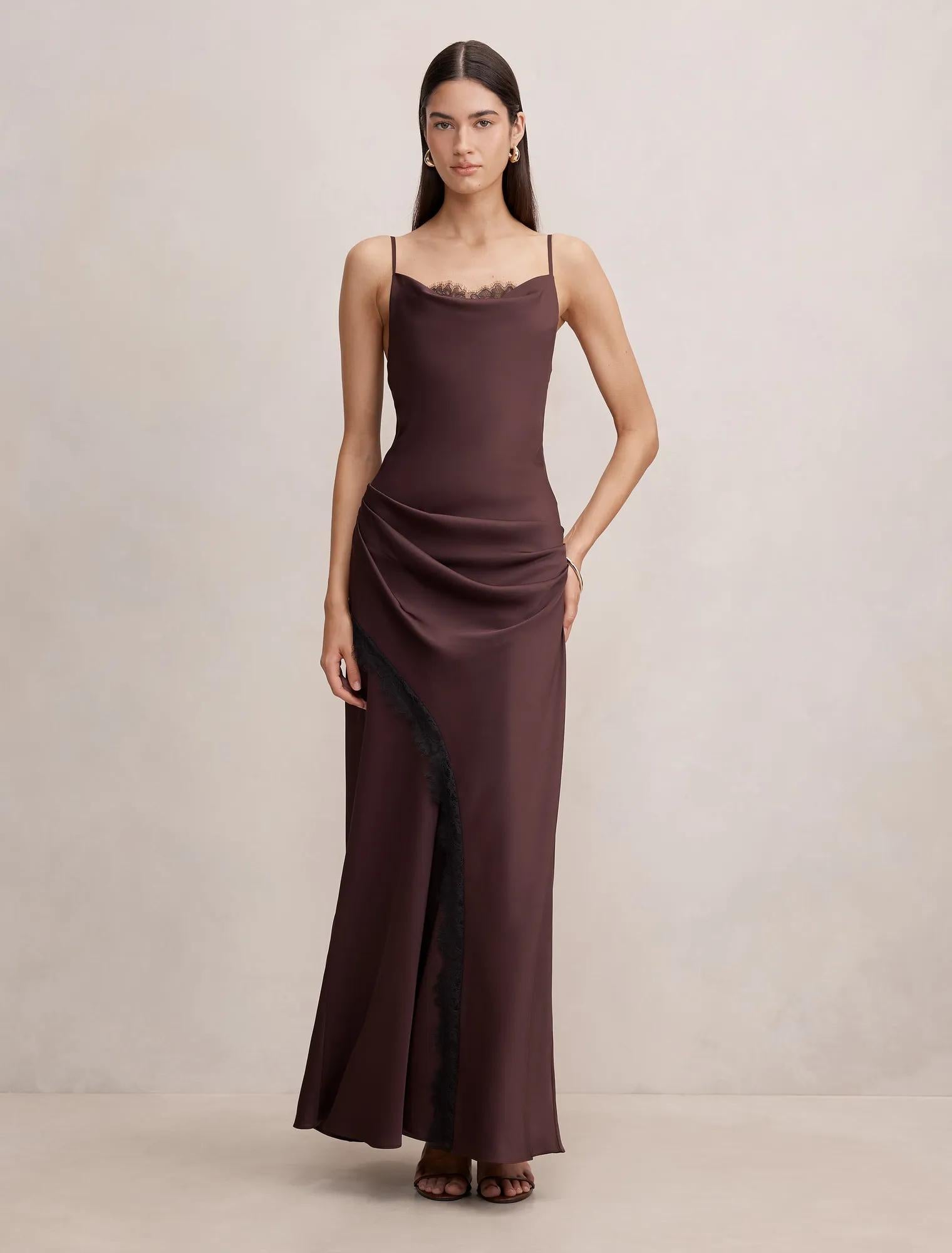 Ivara Lace Cowl Maxi Dress Dark Chocolate