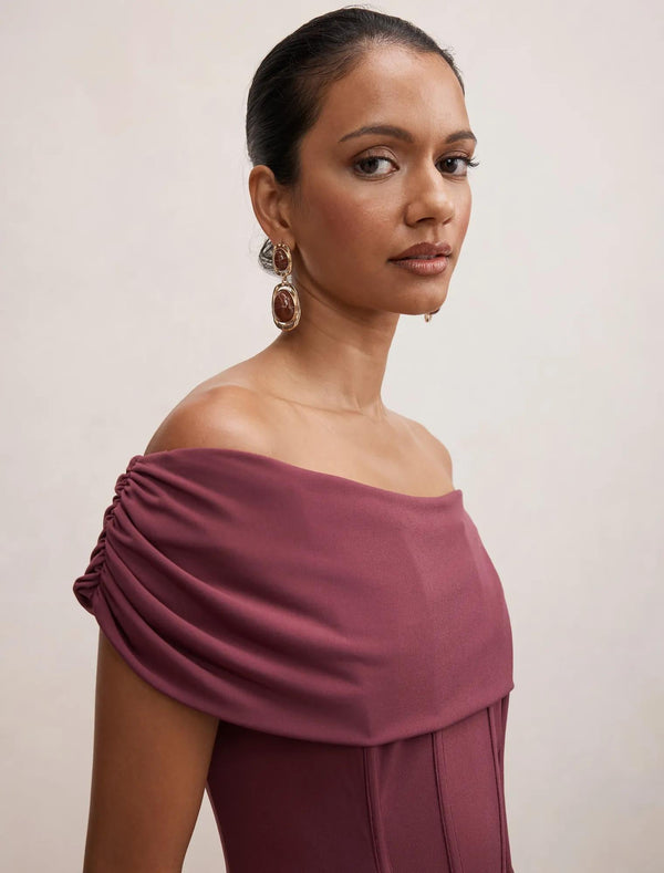 Ania Petite Ruched Bardot Maxi Dress Fig