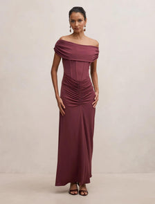 Ania Petite Ruched Bardot Maxi Dress Fig