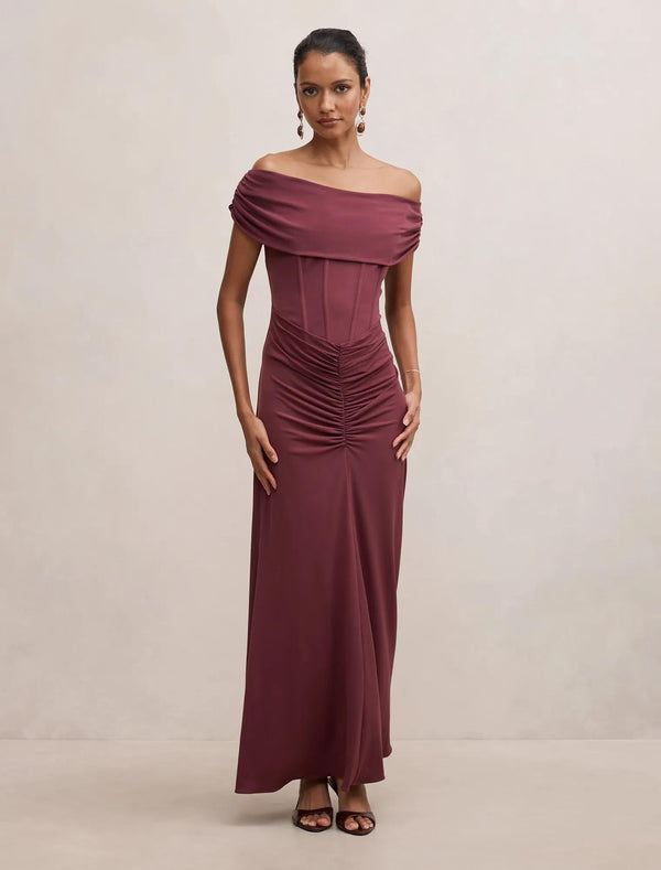 Ania Petite Ruched Bardot Maxi Dress Fig