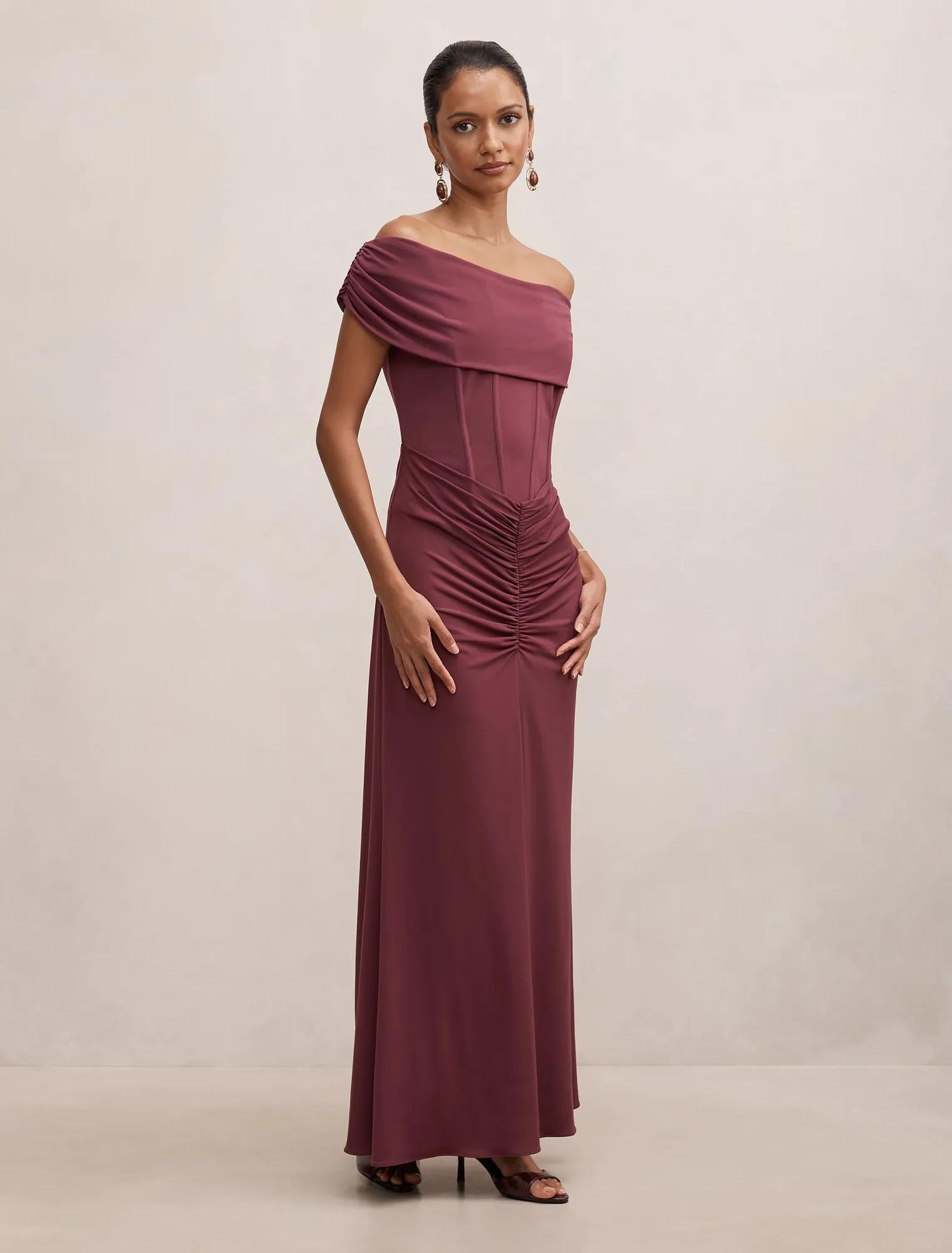 Ania Petite Ruched Bardot Maxi Dress Fig