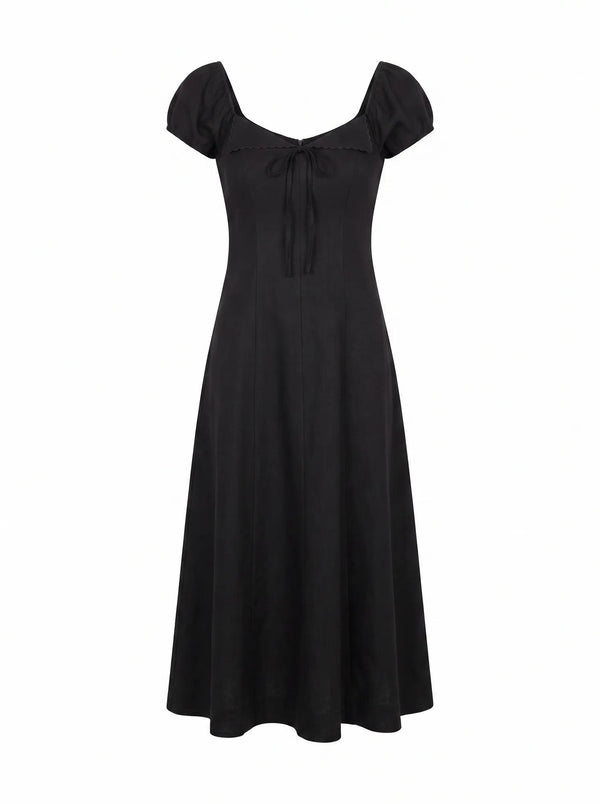 Portia Folded Collar Linen Midi Dress Black_mannequin