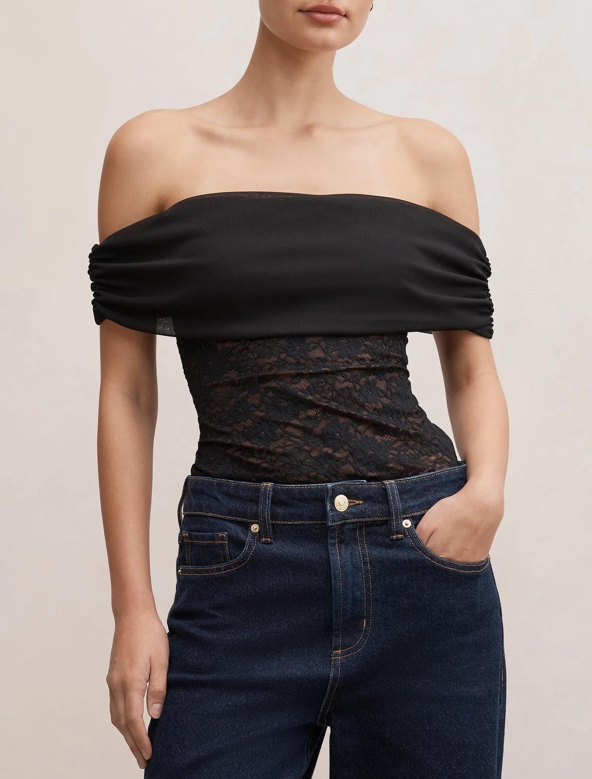 Lily Lace Bardot Top Black