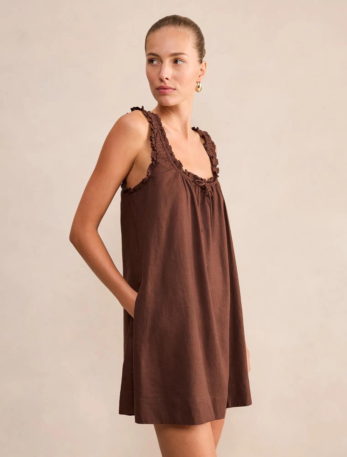 Vivi Shift Linen Mini Dress Bitter Chocolate