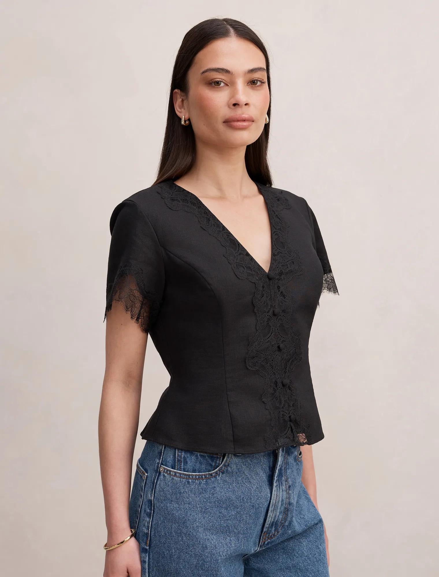 Ingrid Lace Trim Blouse Black