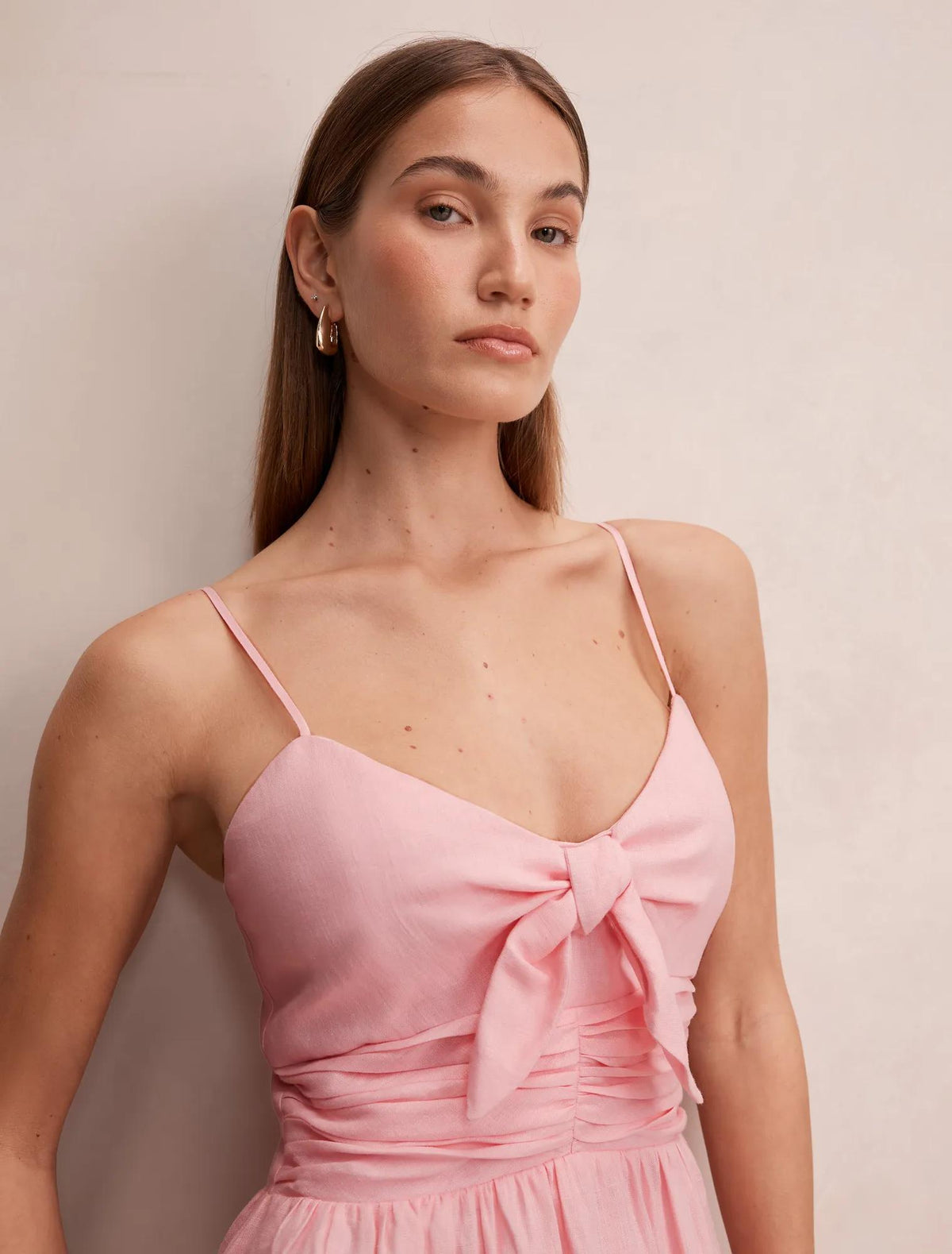 Isabella Tie Front Linen Midi Dress Pretty Pink