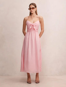 Isabella Tie Front Linen Midi Dress Pretty Pink