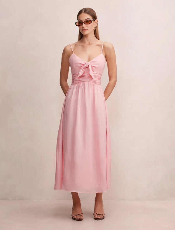 Isabella Tie Front Linen Midi Dress Pretty Pink
