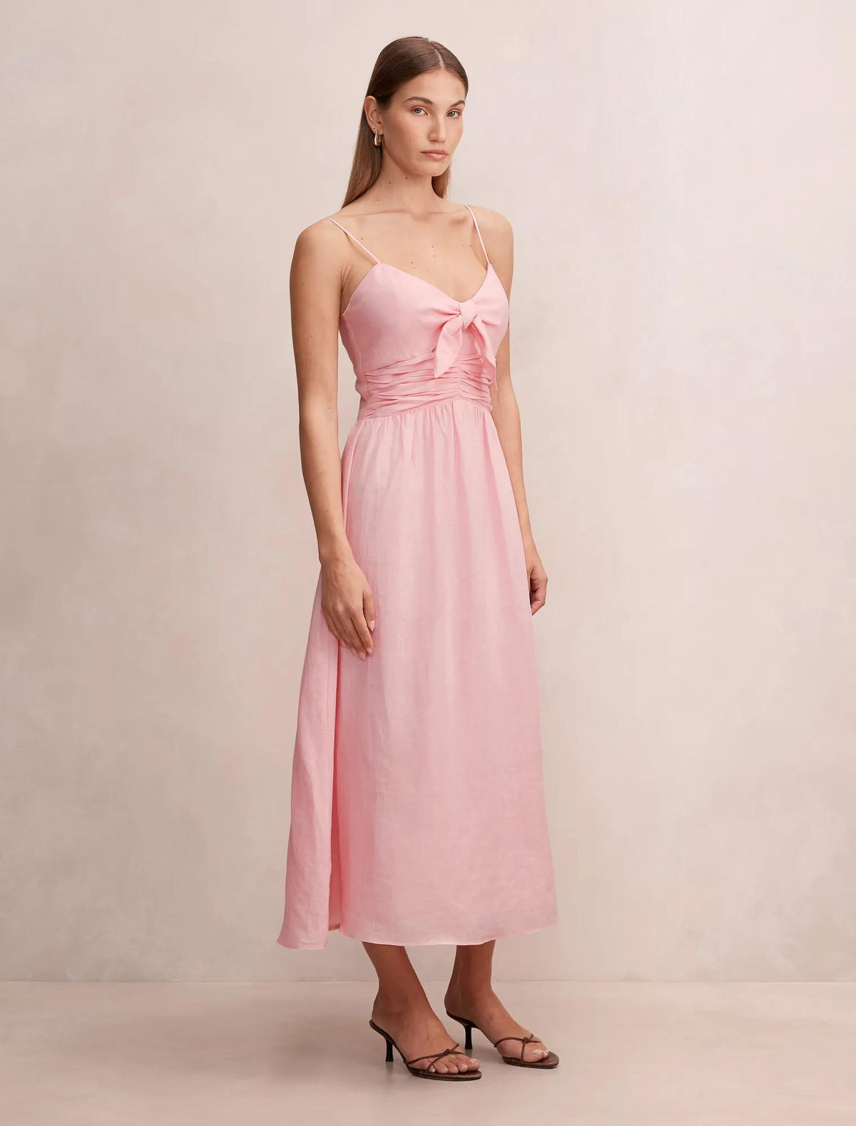Isabella Tie Front Linen Midi Dress Pretty Pink