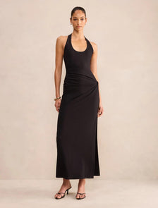 Noa Halter Draped Ribbed Midi Dress Black