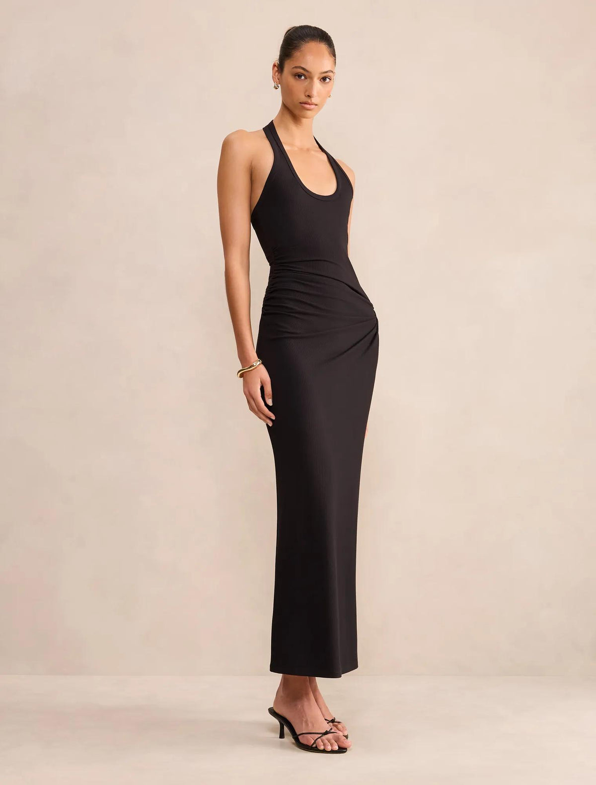 Noa Halter Draped Ribbed Midi Dress Black