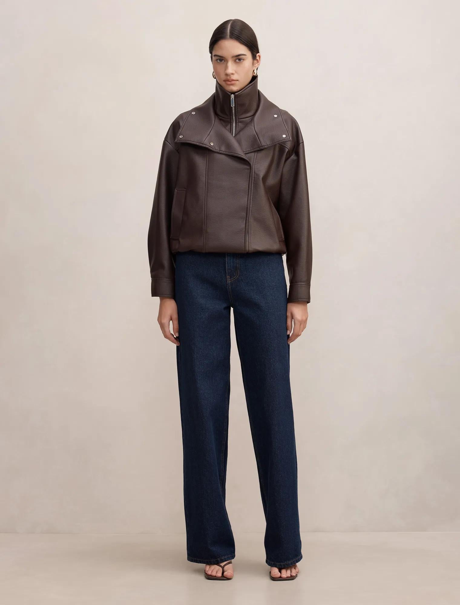 Bex Double Funnel Neck Faux Leather Jacket Deep Plum