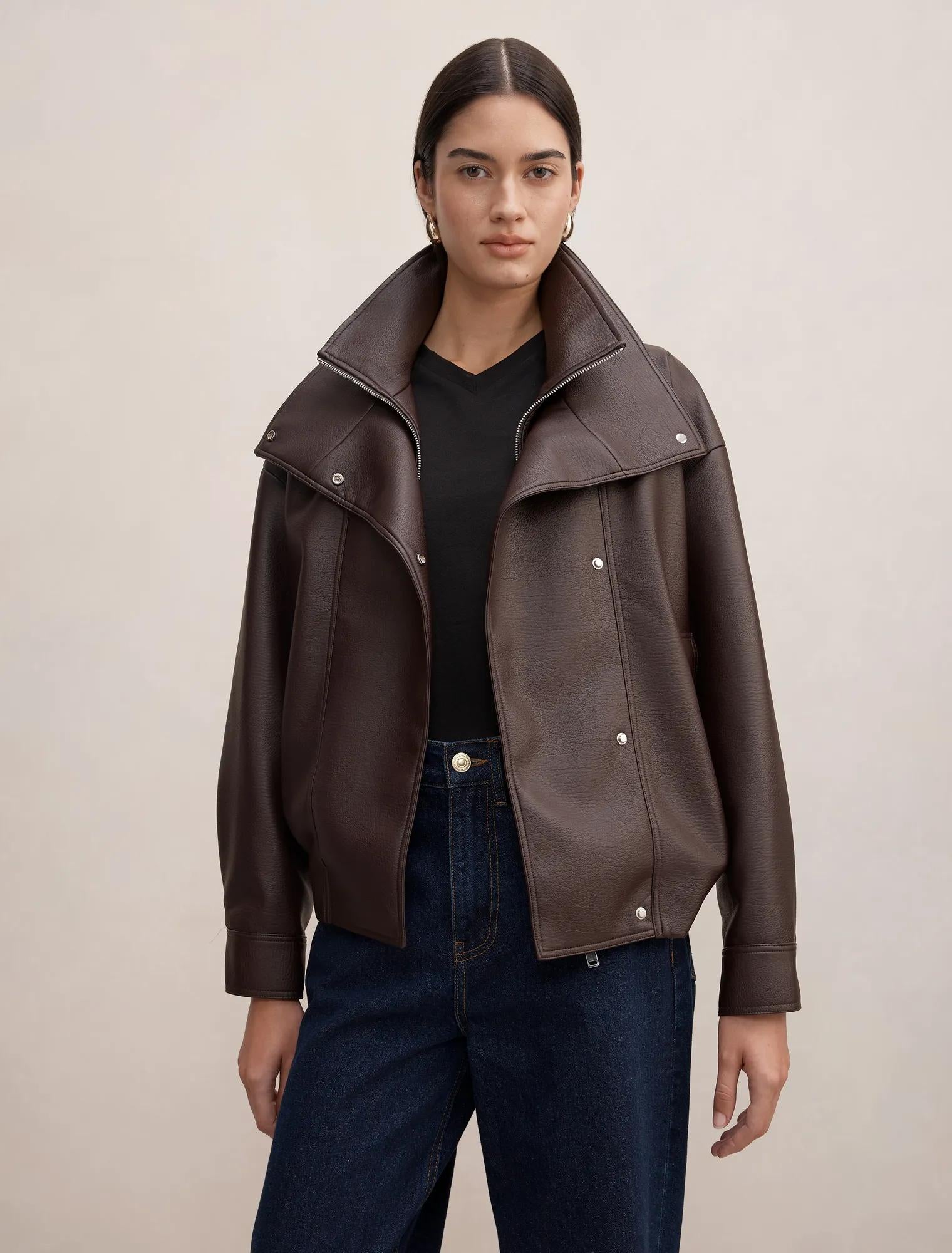 Bex Double Funnel Neck Faux Leather Jacket Deep Plum