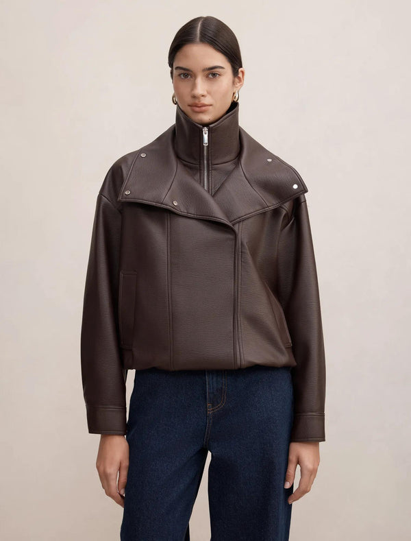 Bex Double Funnel Neck Faux Leather Jacket Deep Plum