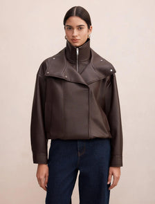 Bex Double Funnel Neck Faux Leather Jacket Deep Plum
