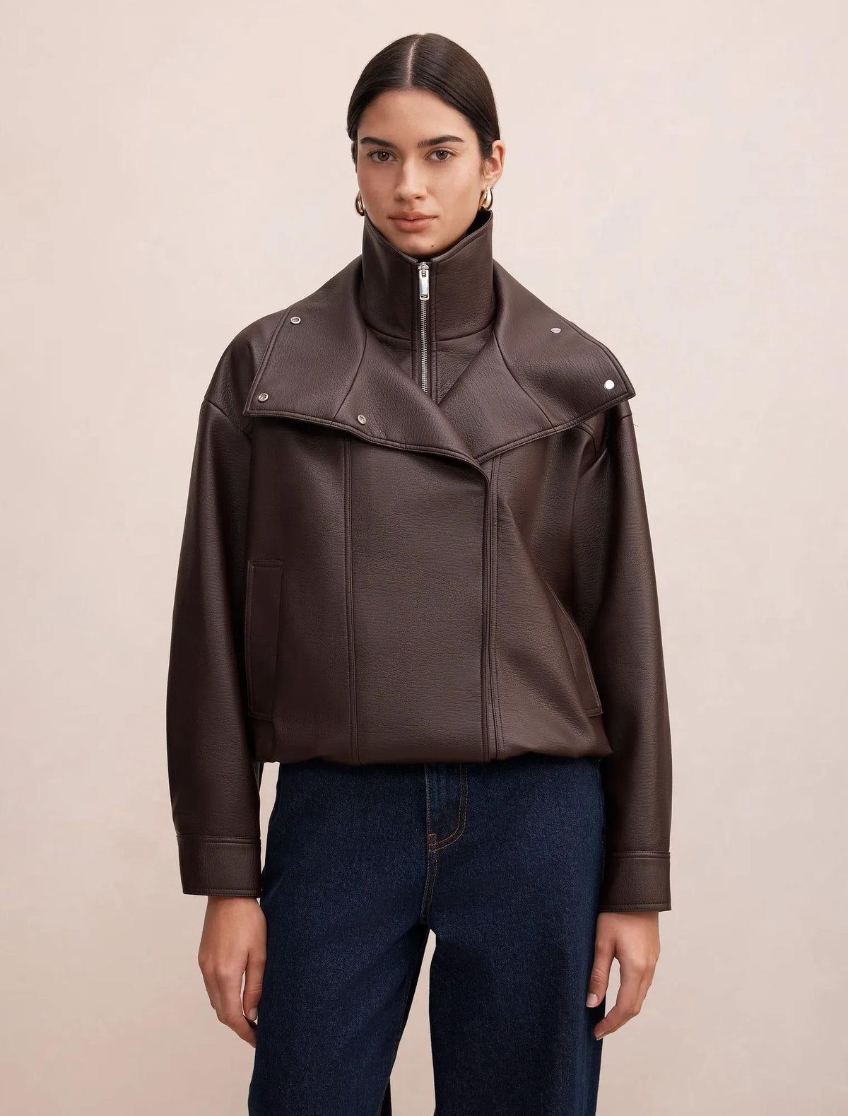 Bex Double Funnel Neck Faux Leather Jacket Deep Plum