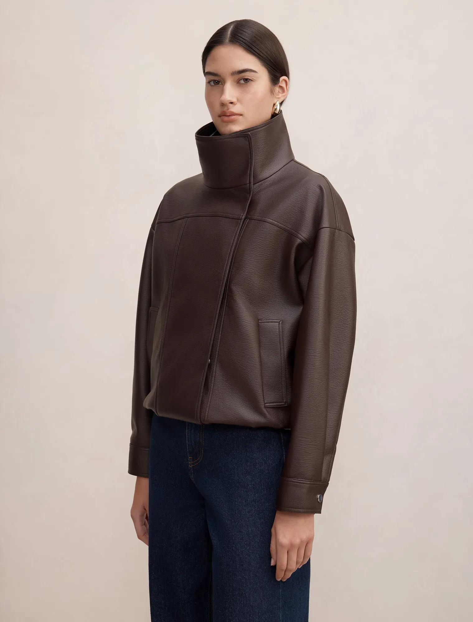 Bex Double Funnel Neck Faux Leather Jacket Deep Plum