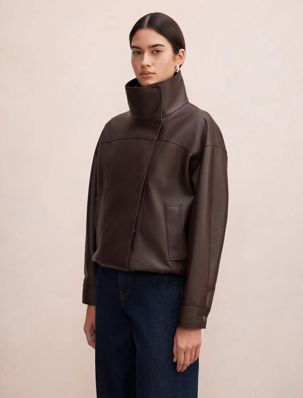 Bex Double Funnel Neck Faux Leather Jacket Deep Plum