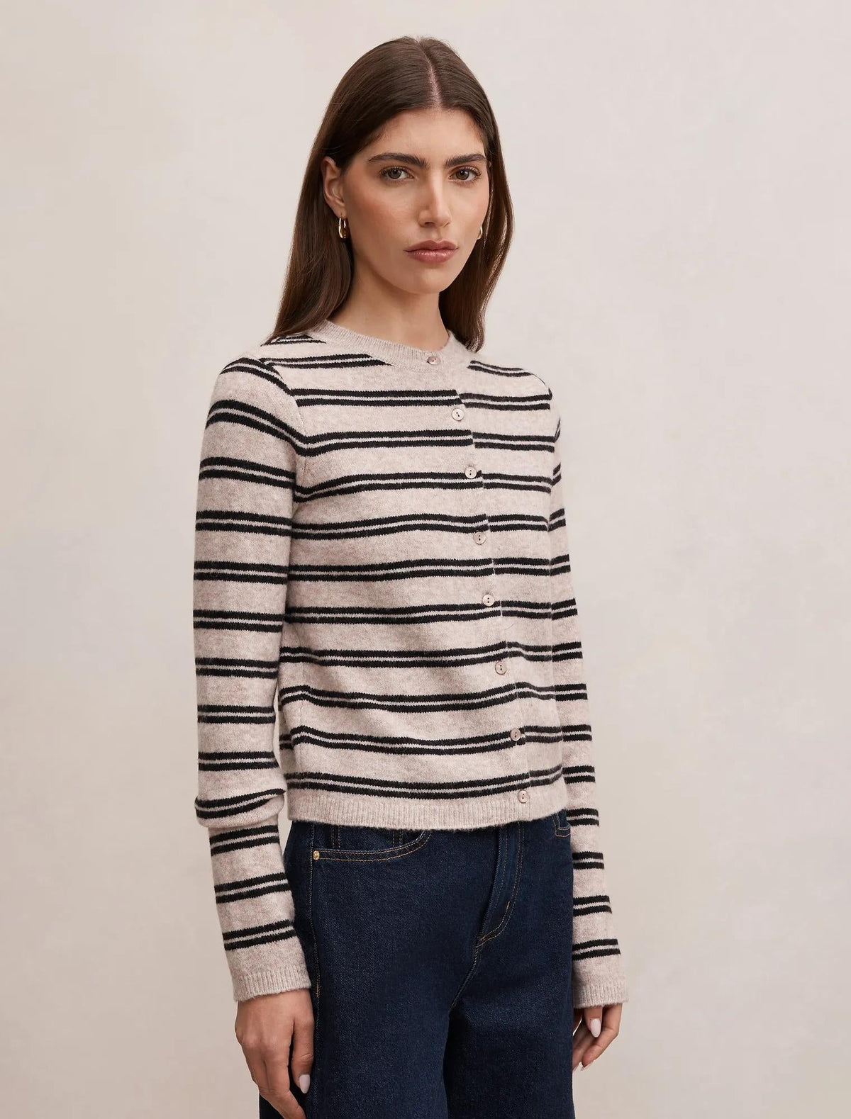 Eloise Stripe Knit Cardigan Mushroom/ Black Stripe