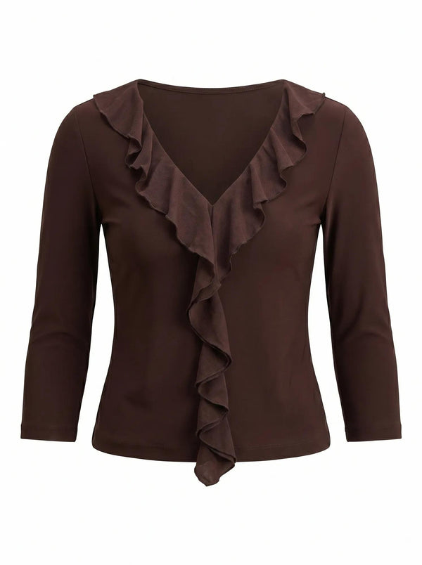 Orla Ruffle 3/4 Sleeve Top Chocolate_mannequin