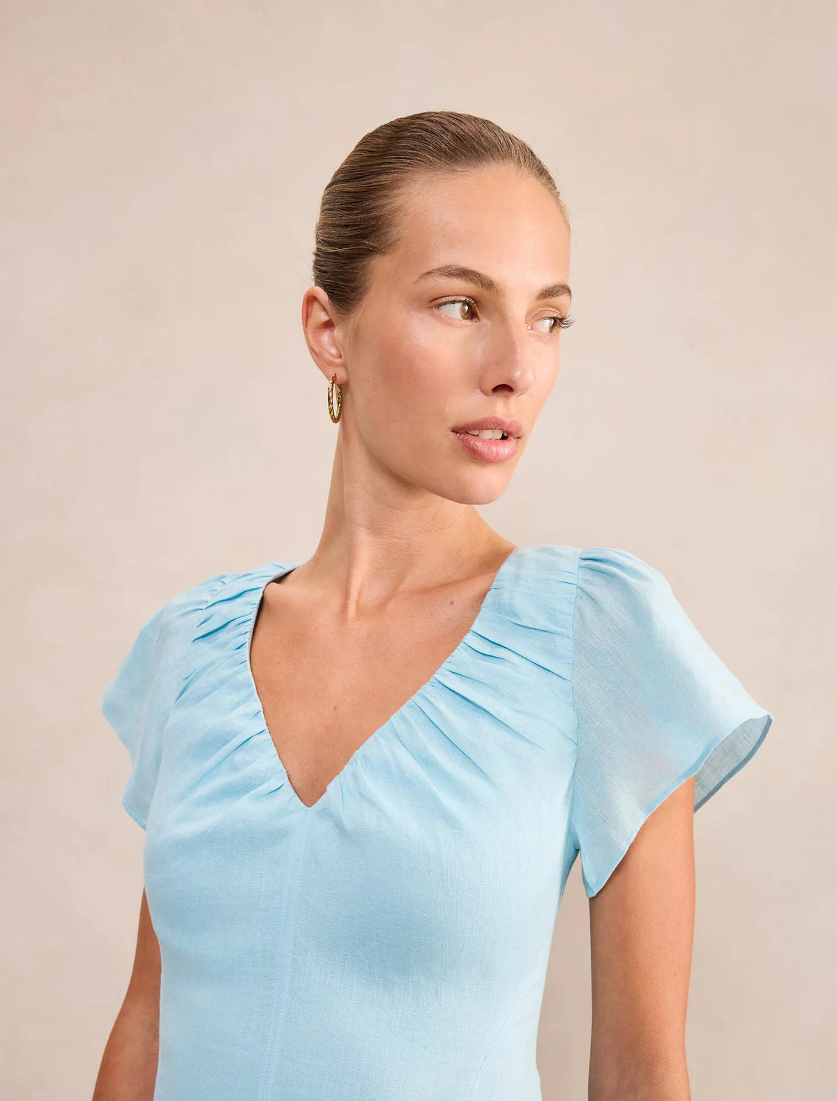 Rue Puff Sleeve Gathered Midi Dress Seafoam Aqua