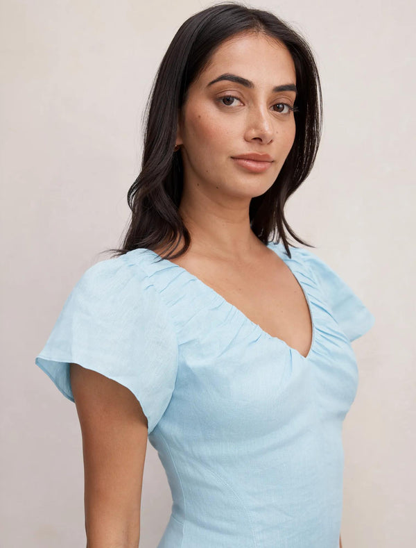 Rue Puff Sleeve Gathered Midi Dress Seafoam Aqua