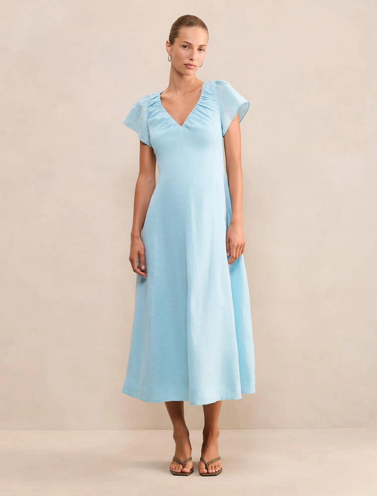 Rue Puff Sleeve Gathered Midi Dress Seafoam Aqua