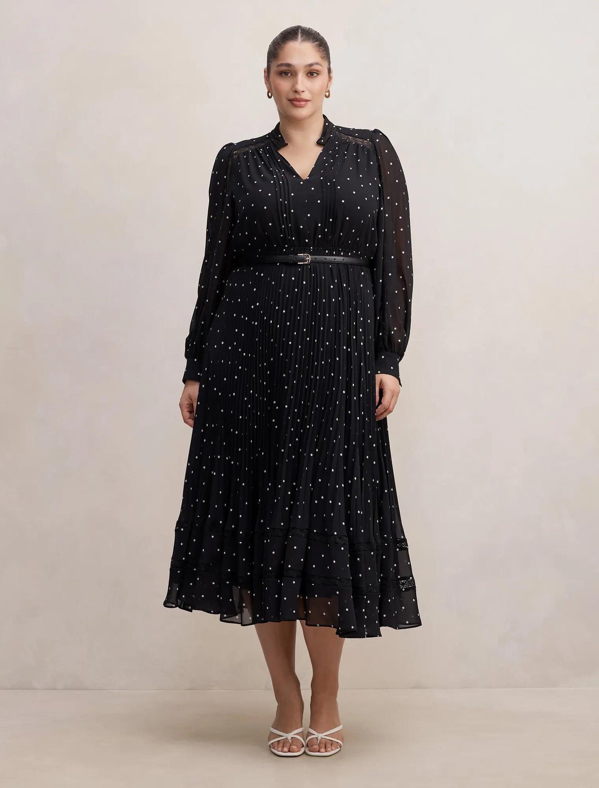 Clara Curve Pleated Lace Trim Midi Dress Dark Risley Spot