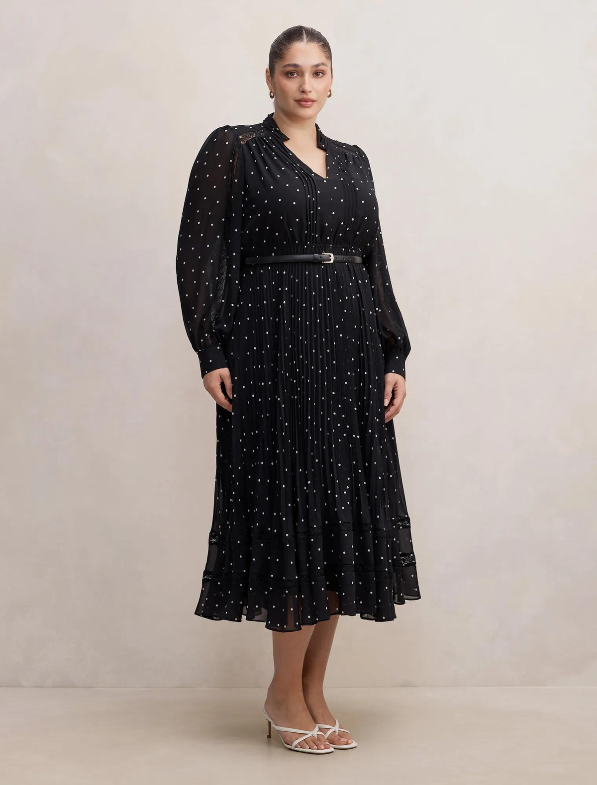 Clara Curve Pleated Lace Trim Midi Dress Dark Risley Spot