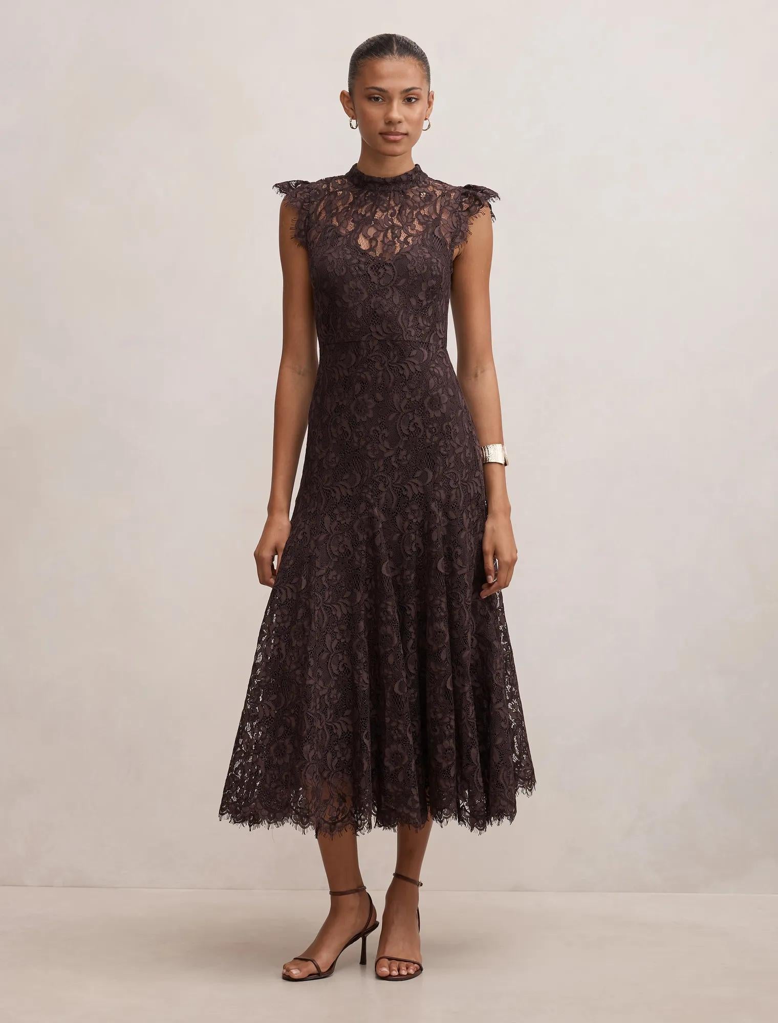 Arielle Lace Midi Dress Plum Brown
