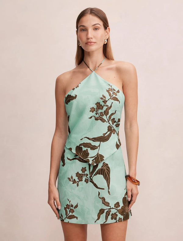 Abigail Halter Tie Back Mini Dress Aqua Mei Floral