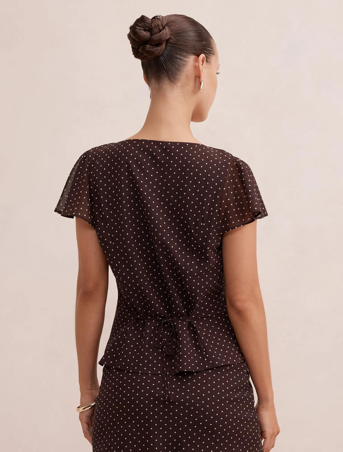 Daphne Petite Flutter Sleeve Blouse Choc Speckle Spot Co-ord